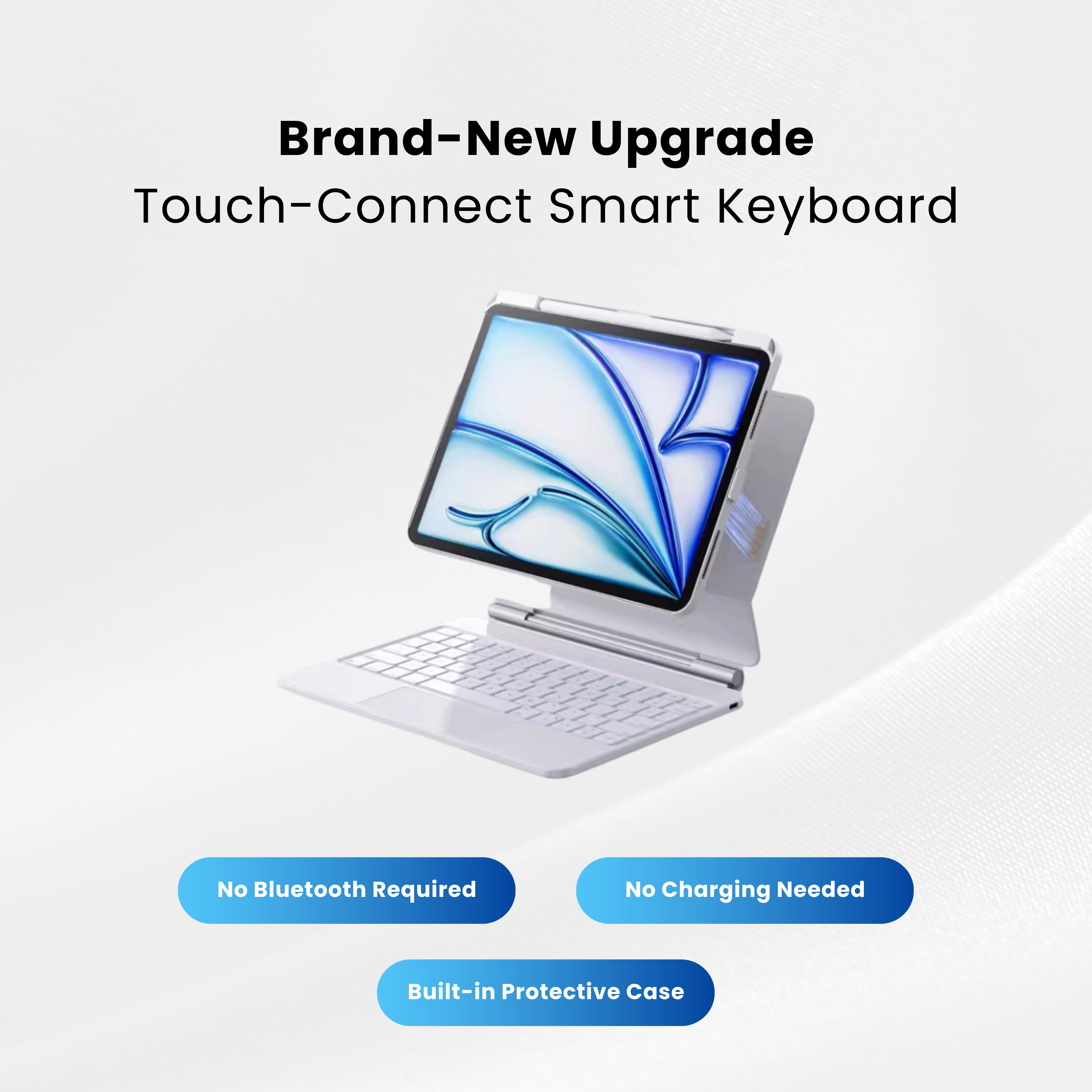 Nevcase White Touch-Connect iPad keyboard case touch connection no bluetooth with trackpad no charging needed