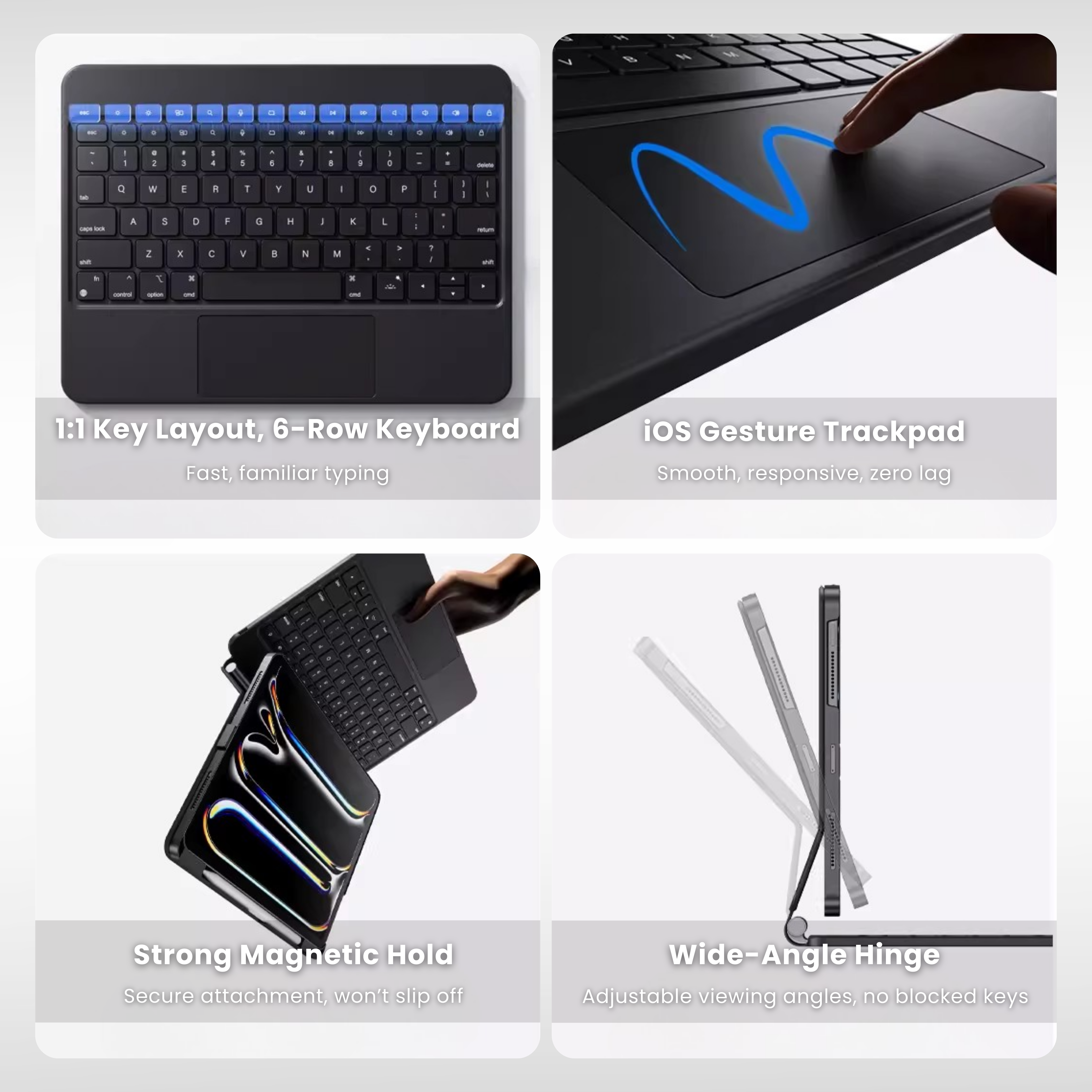 Nevcase Touch-Connect iPad keyboard case 1:1 key layout ios trackpad strong magnetic hold wide angle hinge