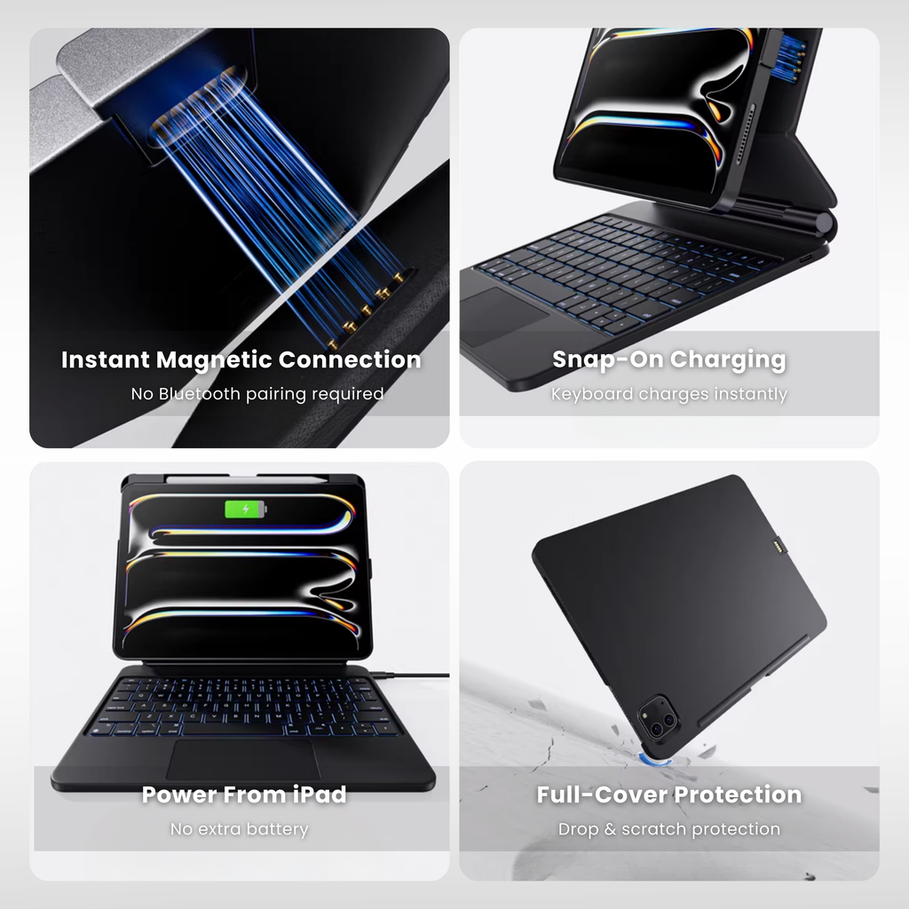 Nevcase Touch-Connect iPad keyboard case magnecic connection snap on charge power from ipad full cover protection