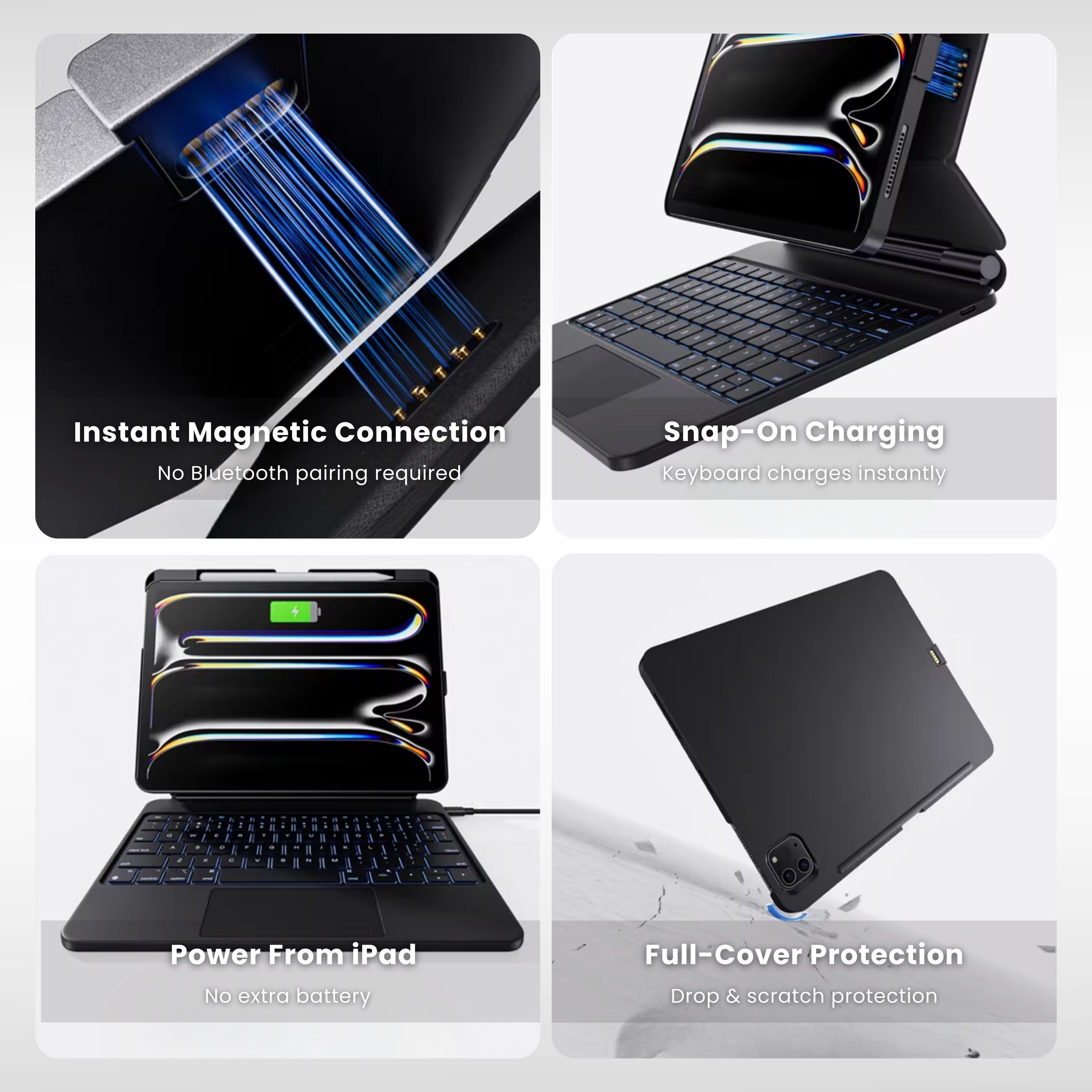 Nevcase Touch-Connect iPad keyboard case magnecic connection snap on charge power from ipad full cover protection