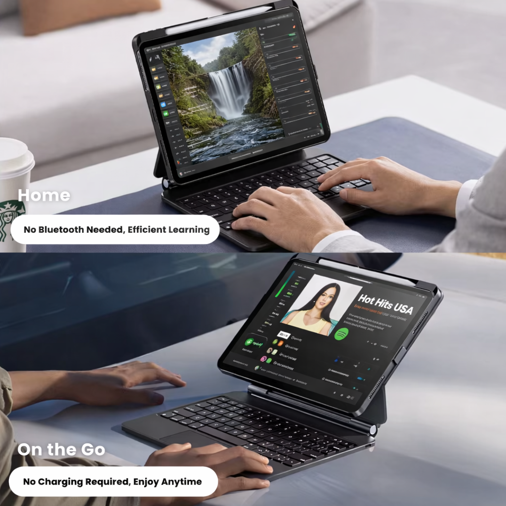 Nevcase Touch-Connect iPad keyboard case no charging required powered by iPad directly