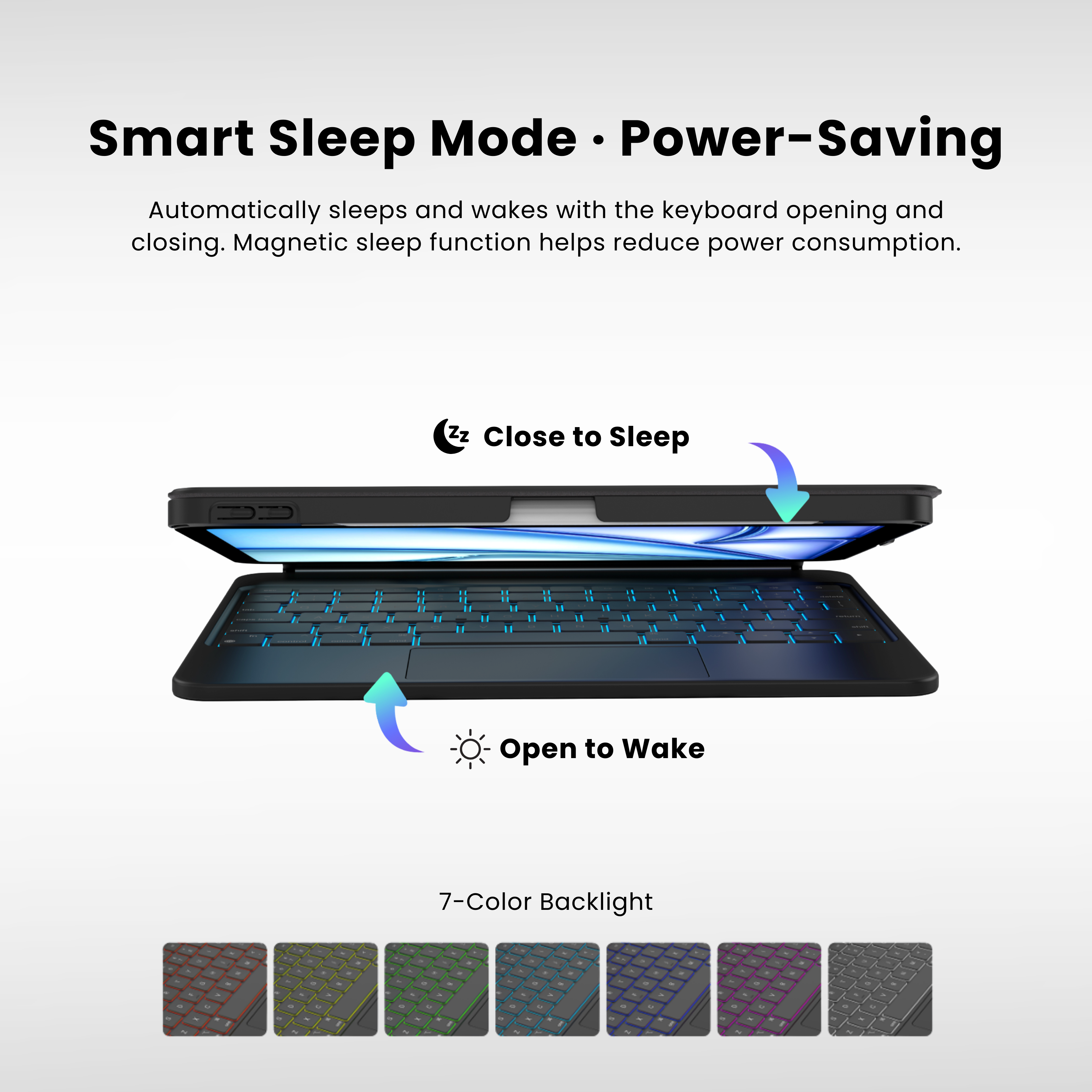 Nevcase Touch-Connect keyboard case power saving open to wake close to sleep 7 color backlight
