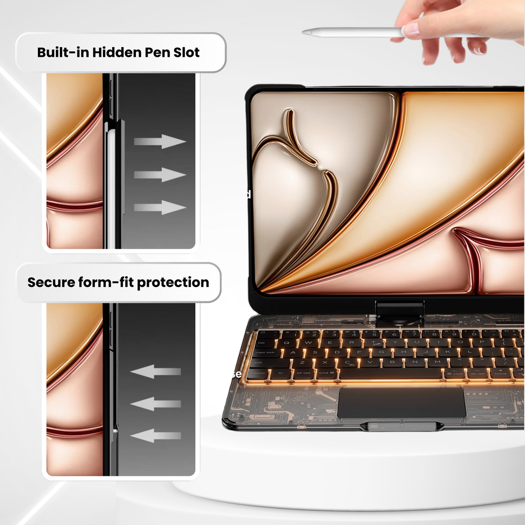Nevcase Y2K transparent black 360 degree rotating iPad keyboard case built in hidden pen slot