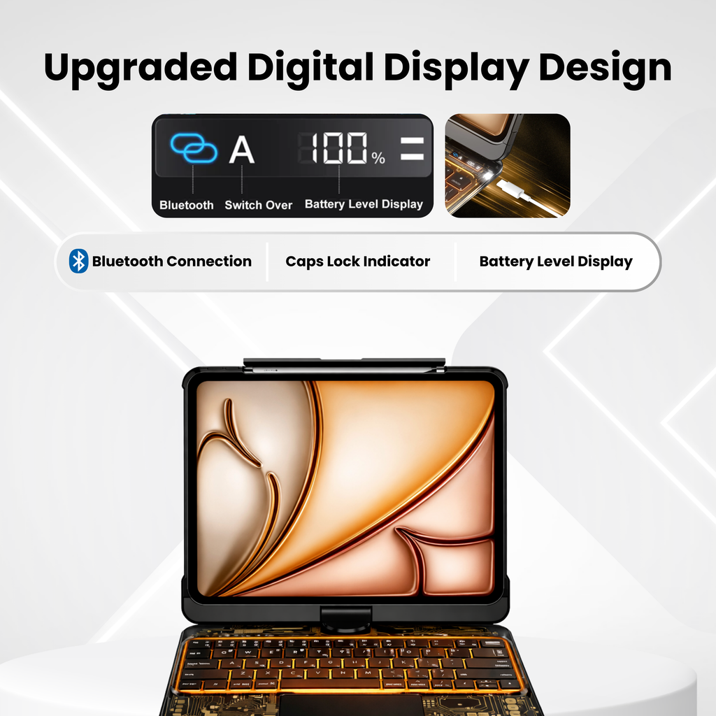 Nevcase Y2K transparent black 360 degree rotating iPad keyboard case digital display design bluetooth connection