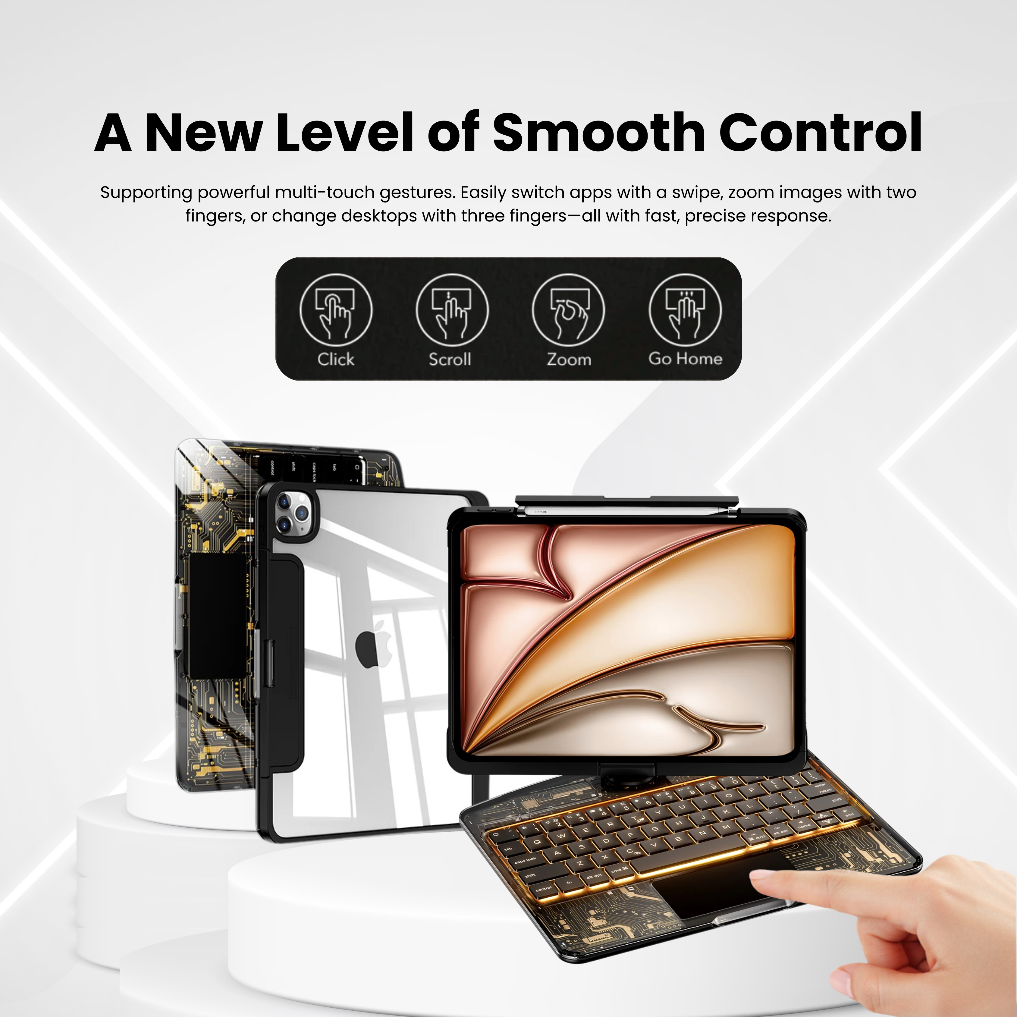Nevcase Y2K transparent black 360 degree rotating iPad keyboard case smooth control multi-touch gestures