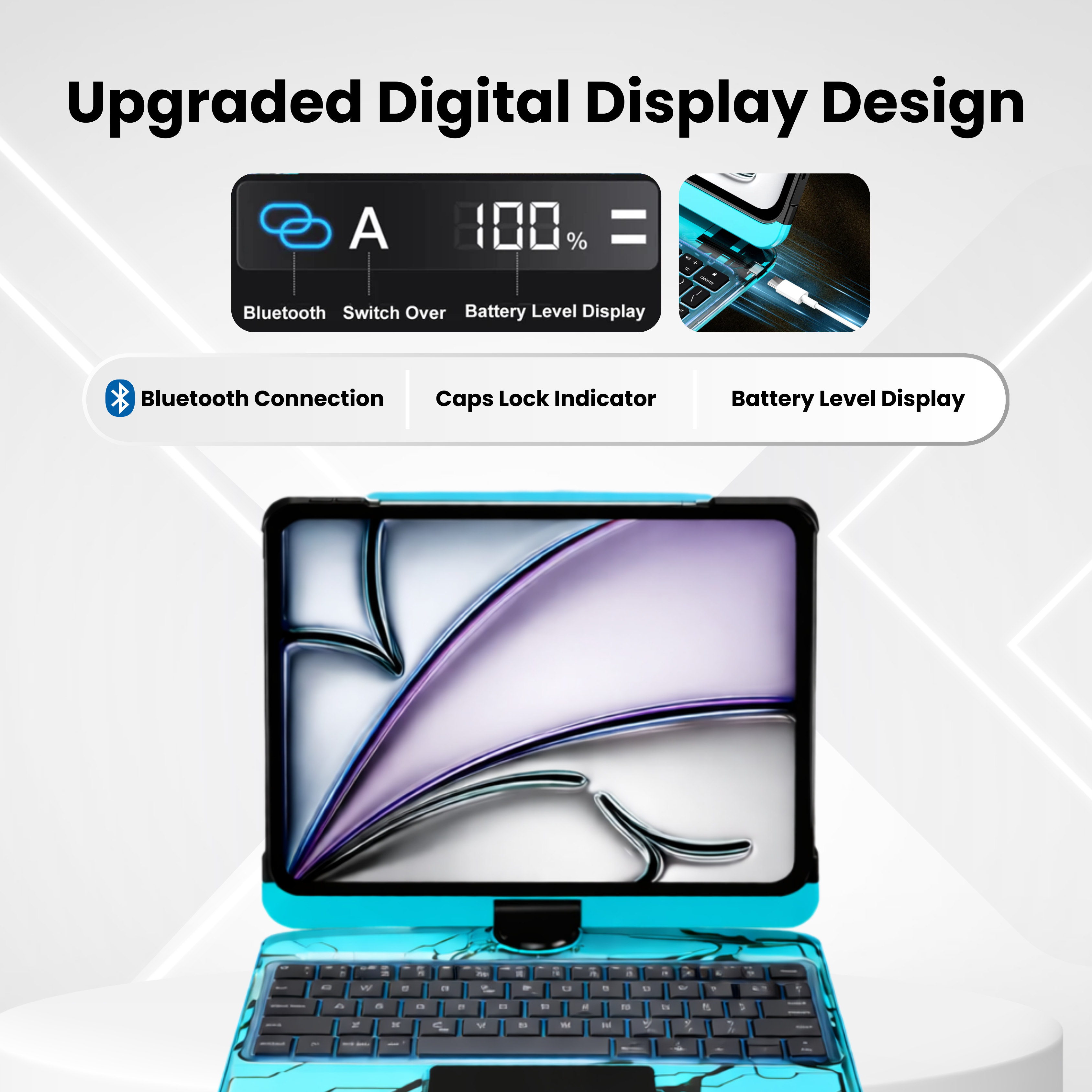 Nevcase Y2K transparent blue 360 degree rotating iPad keyboard case digital display design bluetooth connection