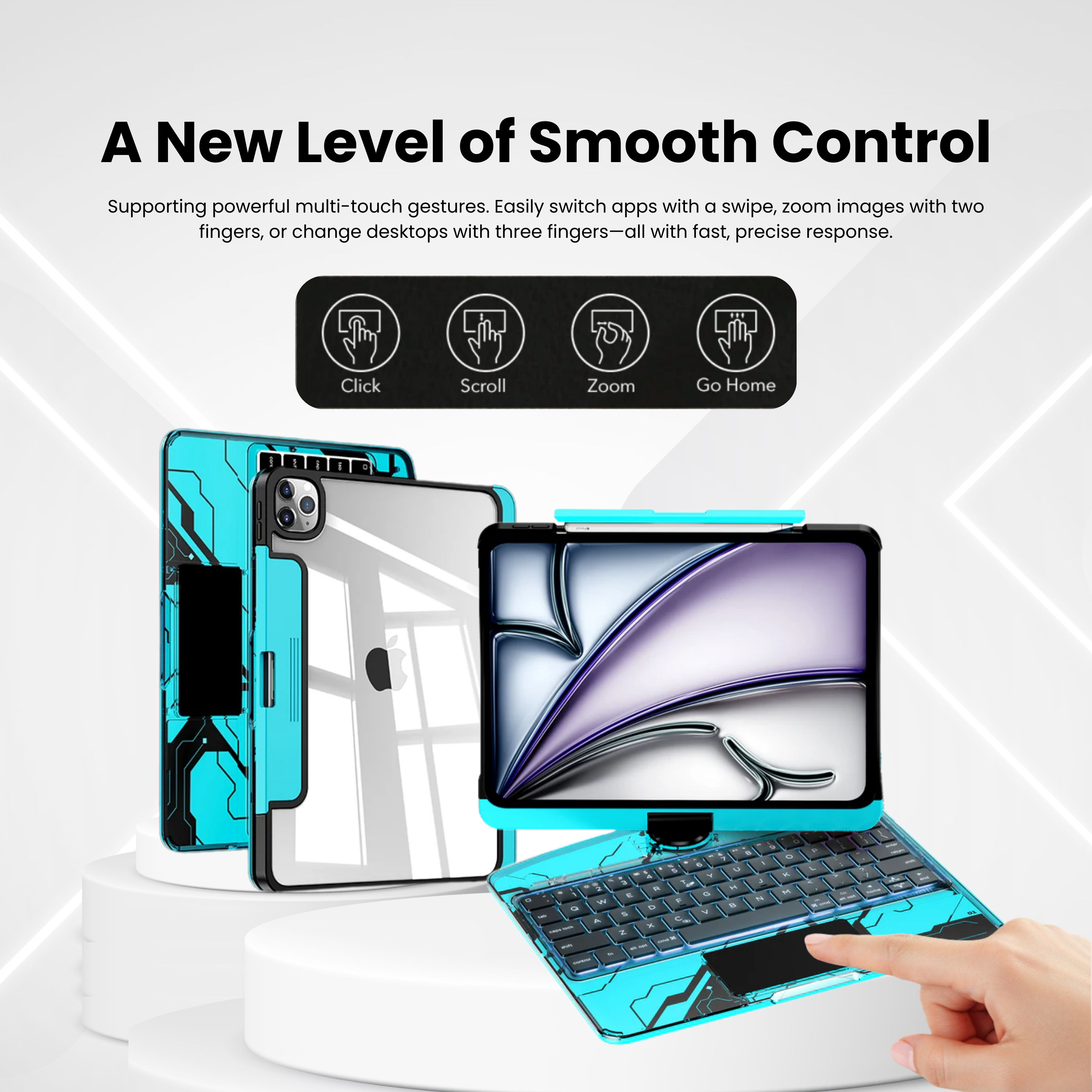 Nevcase Y2K transparent blue 360 degree rotating iPad keyboard case smooth control multi-touch gestures