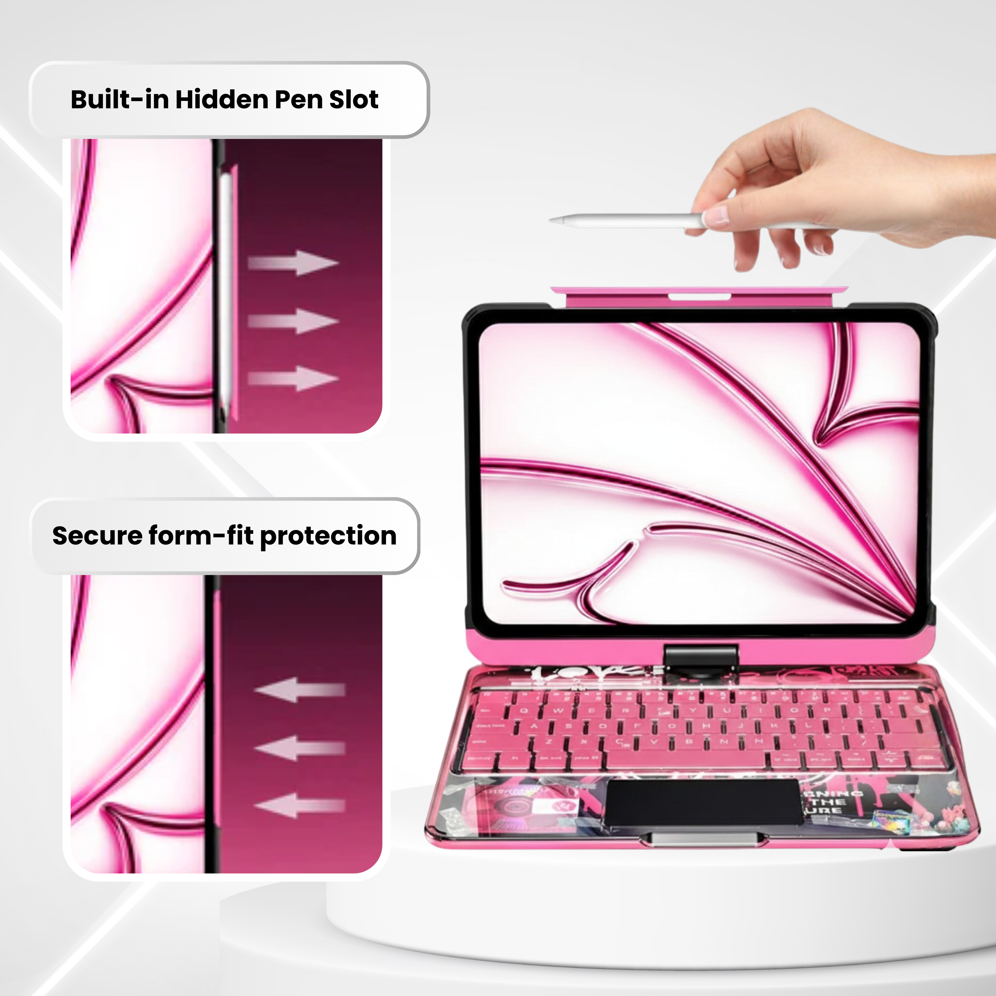 Nevcase Y2K transparent pink 360 degree rotating iPad keyboard case built in hidden pen slot
