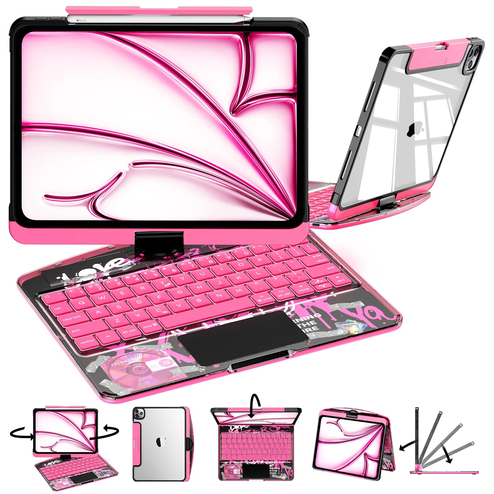 Nevcase Y2K transparent pink 360 degree rotating iPad keyboard case main view