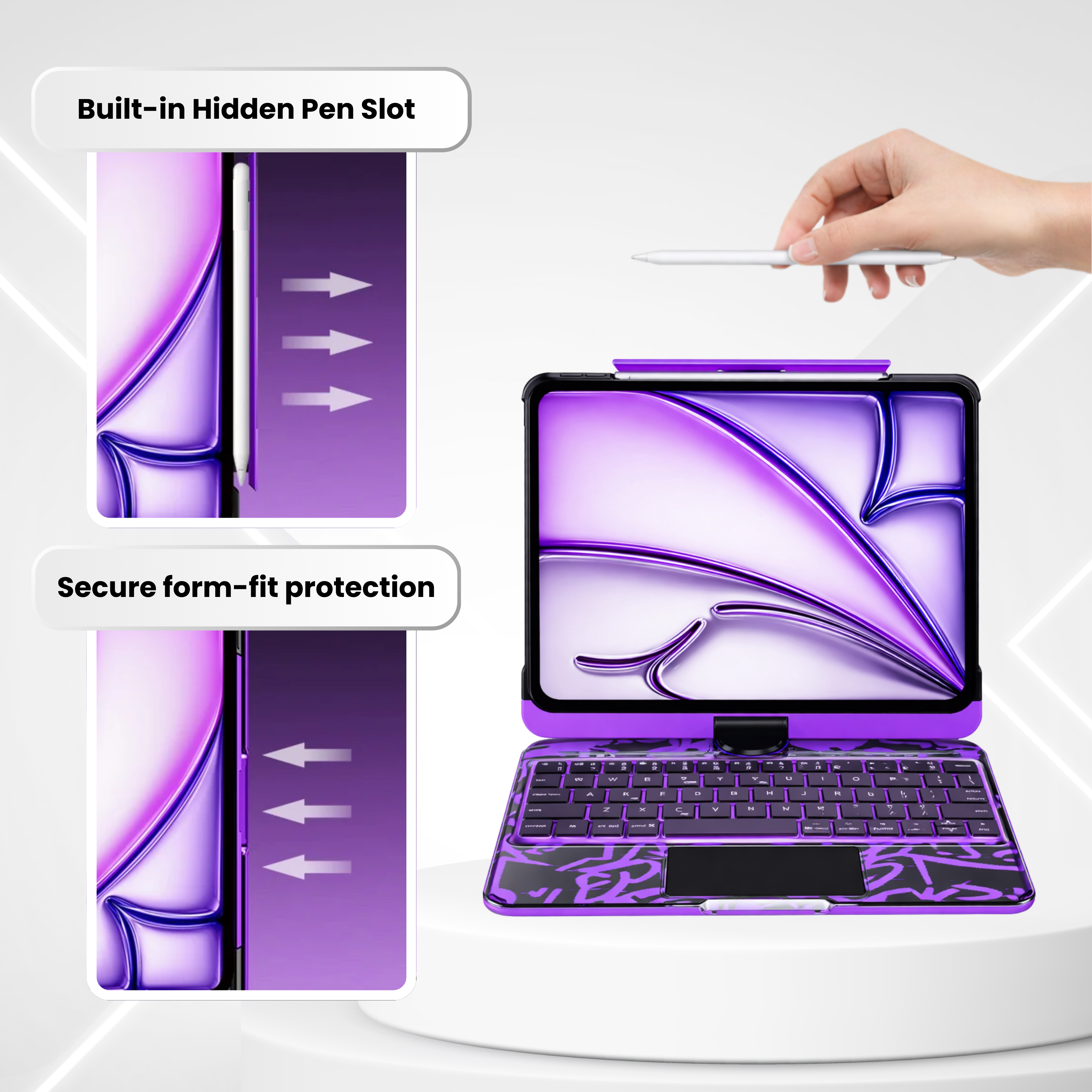 Nevcase Y2K transparent purple 360 degree rotating iPad keyboard case built in hidden pen slot