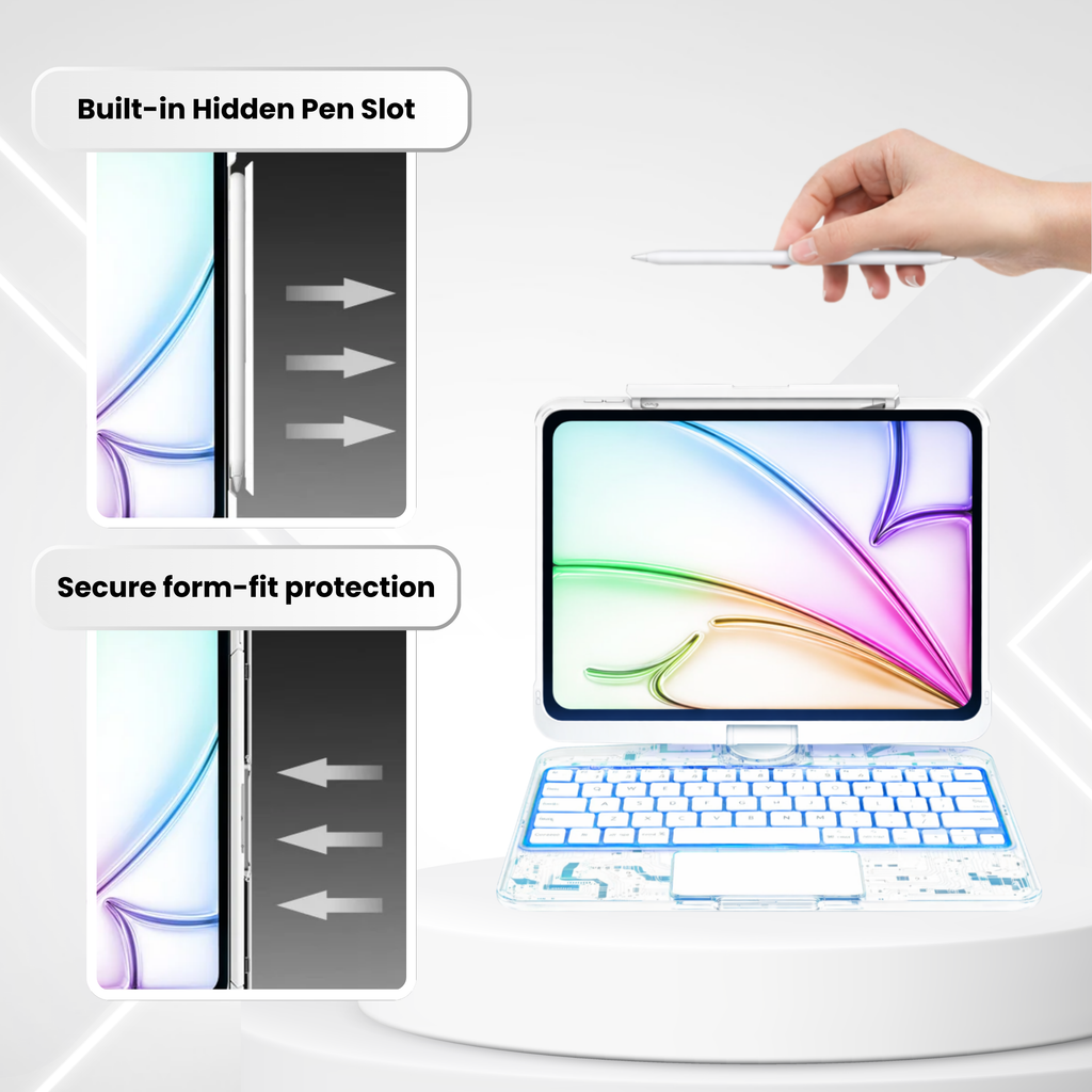 Nevcase Y2K transparent white 360 degree rotating iPad keyboard case built in hidden pen slot