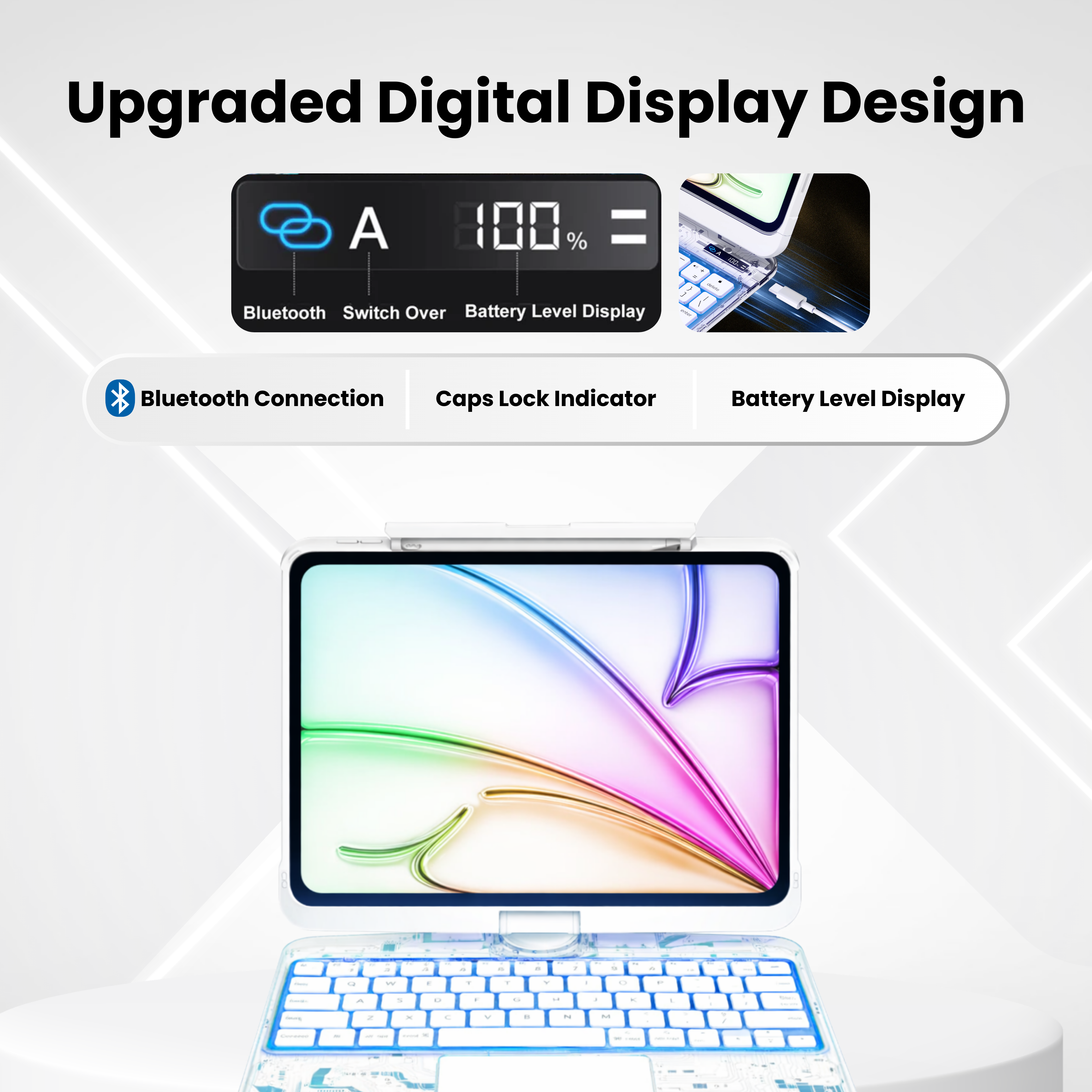 Nevcase Y2K transparent white 360 degree rotating iPad keyboard case digital display design bluetooth connection