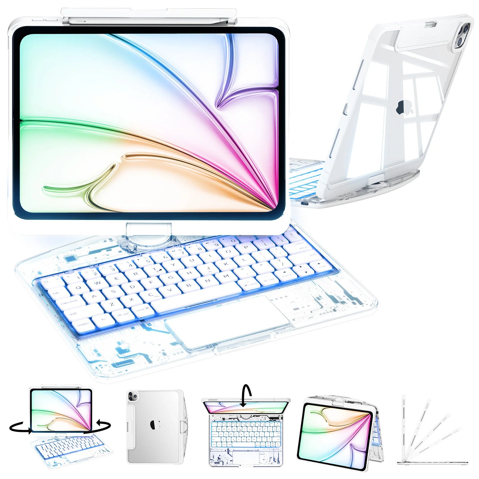 Nevcase Y2K transparent white 360 degree rotating iPad keyboard case main view