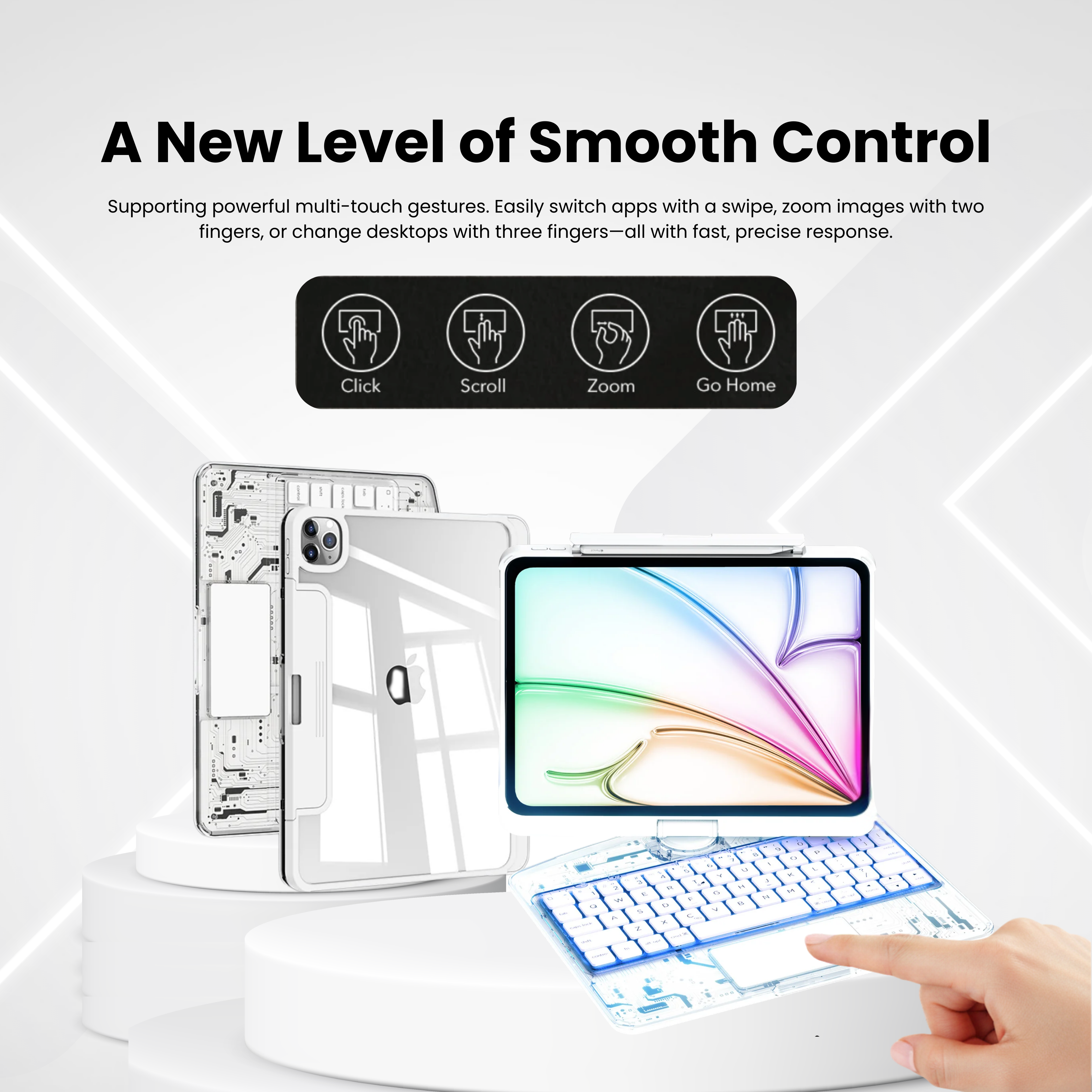 Nevcase Y2K transparent white 360 degree rotating iPad keyboard case smooth control multi-touch gestures