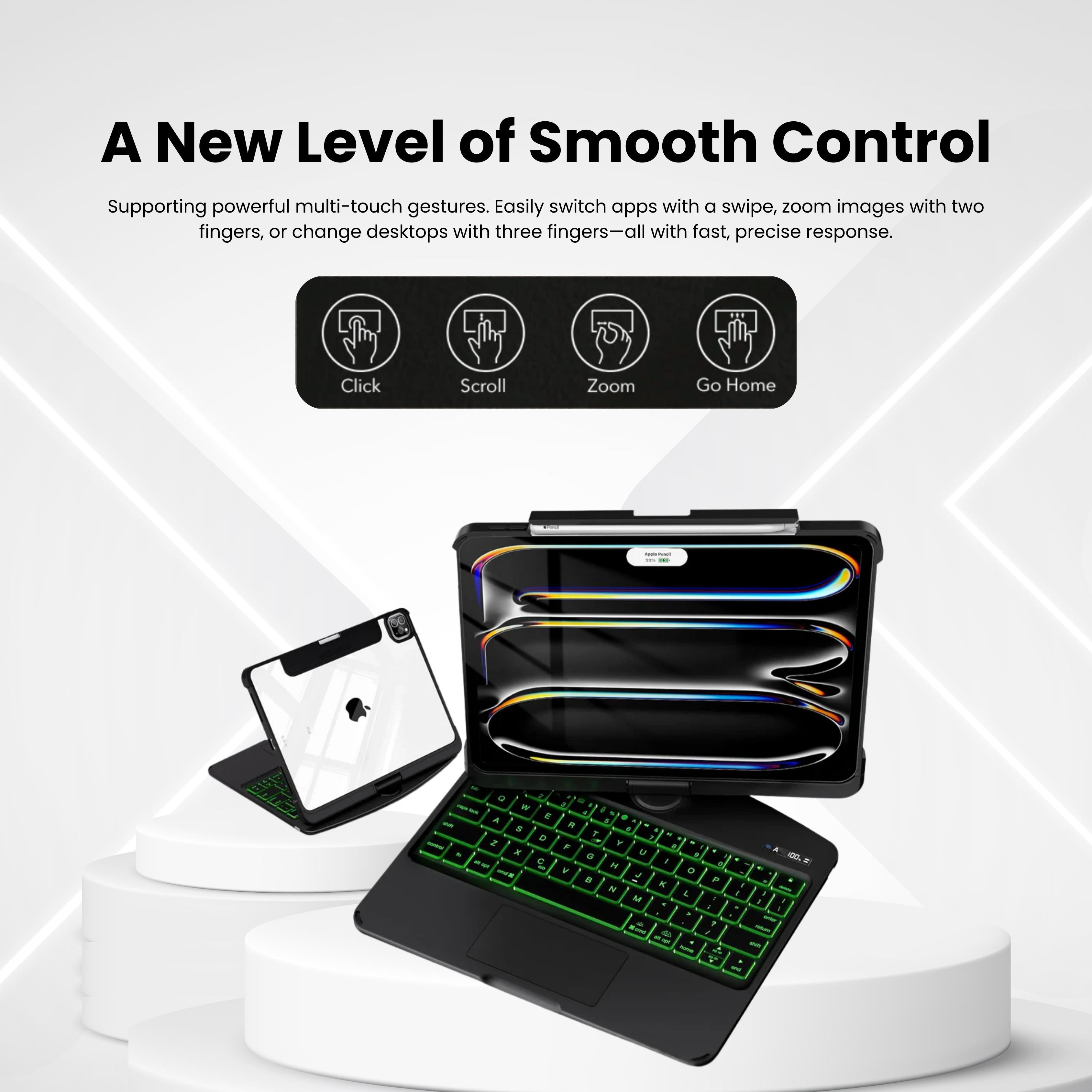 Nevcase black 360 rotating iPad keyboard case multi-touch trackpad click scroll zoom gestures with 7 color backlit keyboard