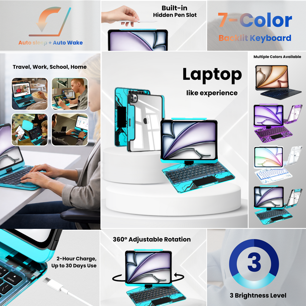 Nevcase transparent blue Y2K iPad keyboard case 7 color backlit 360 rotation hidden pen slot