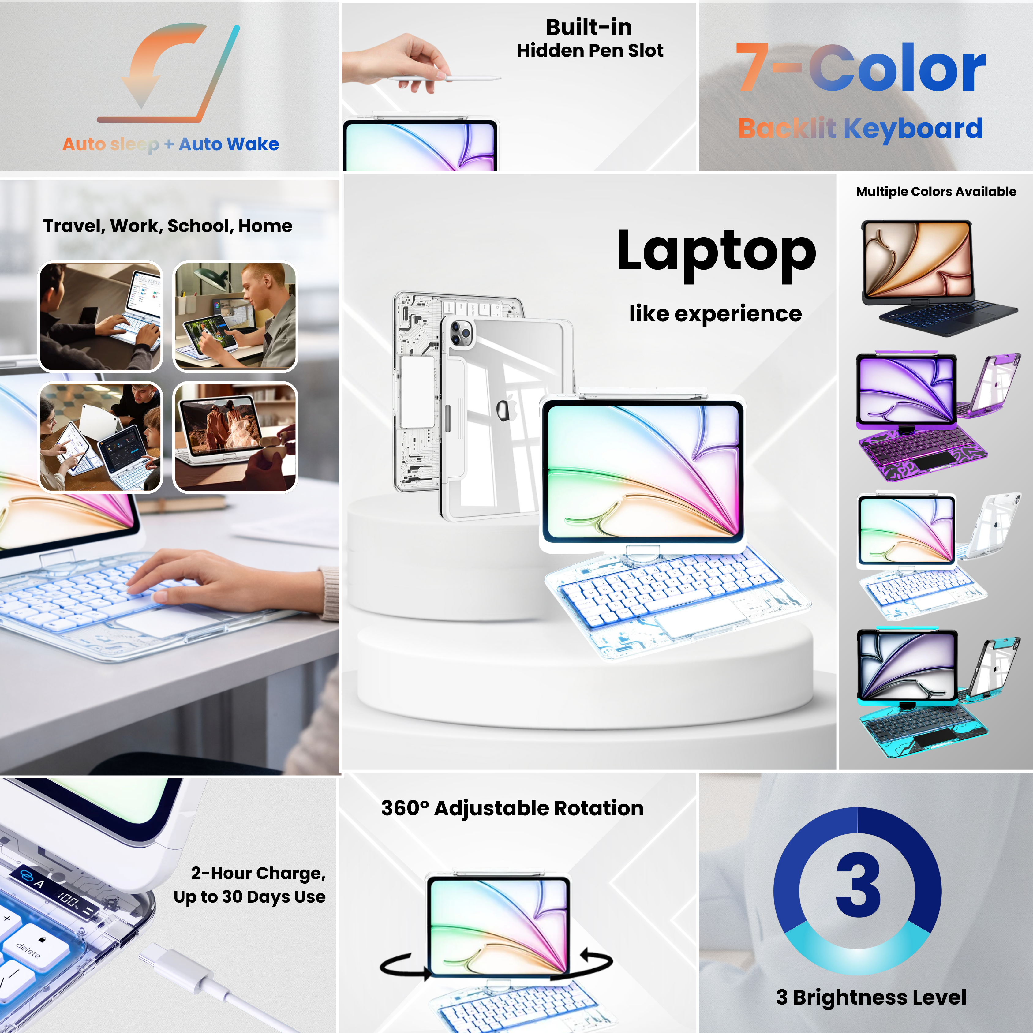 Nevcase transparent white Y2K iPad keyboard case 7 color backlit 360 rotation hidden pen slot
