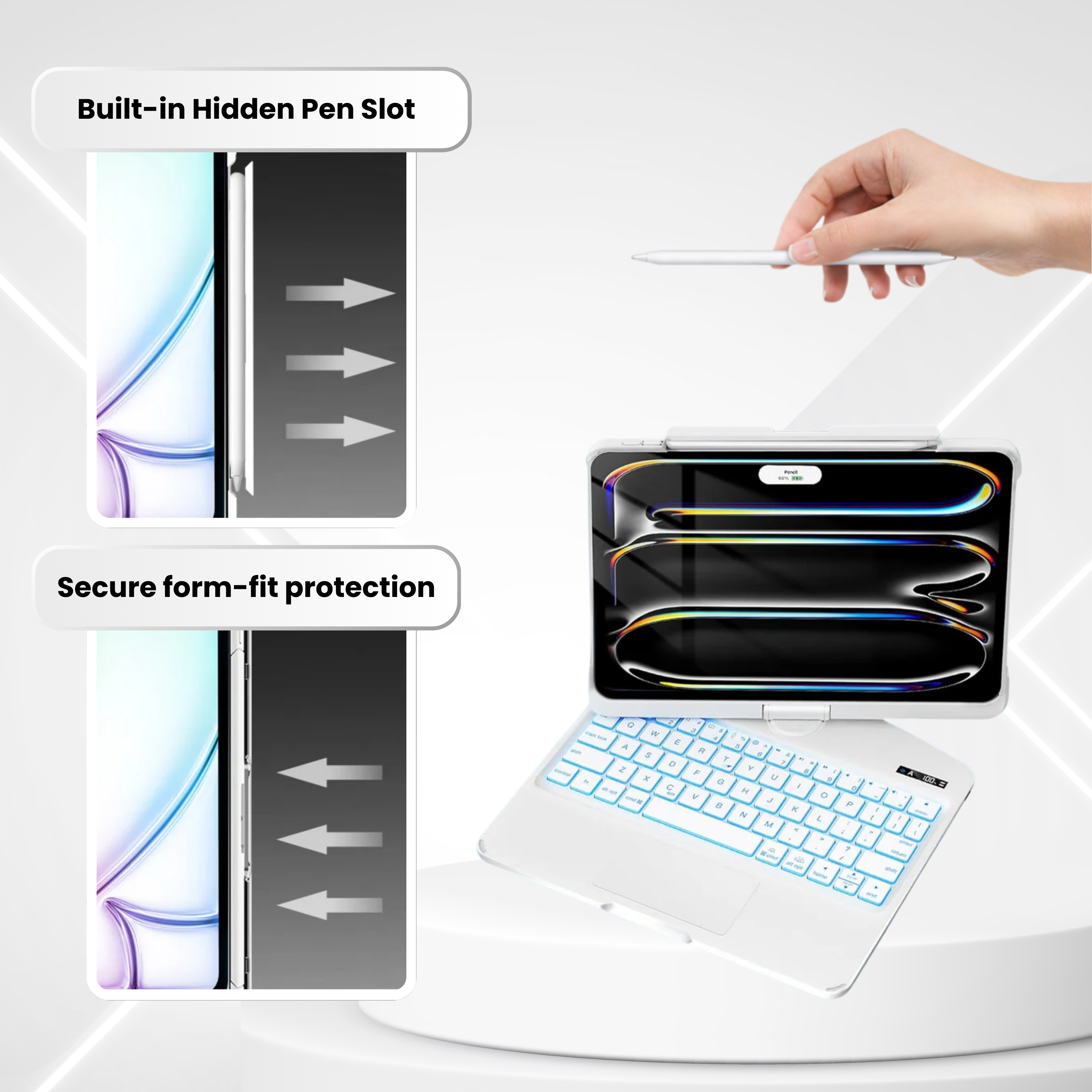 Nevcase white 360 rotating iPad keyboard case magnetic Apple Pencil holder charging
