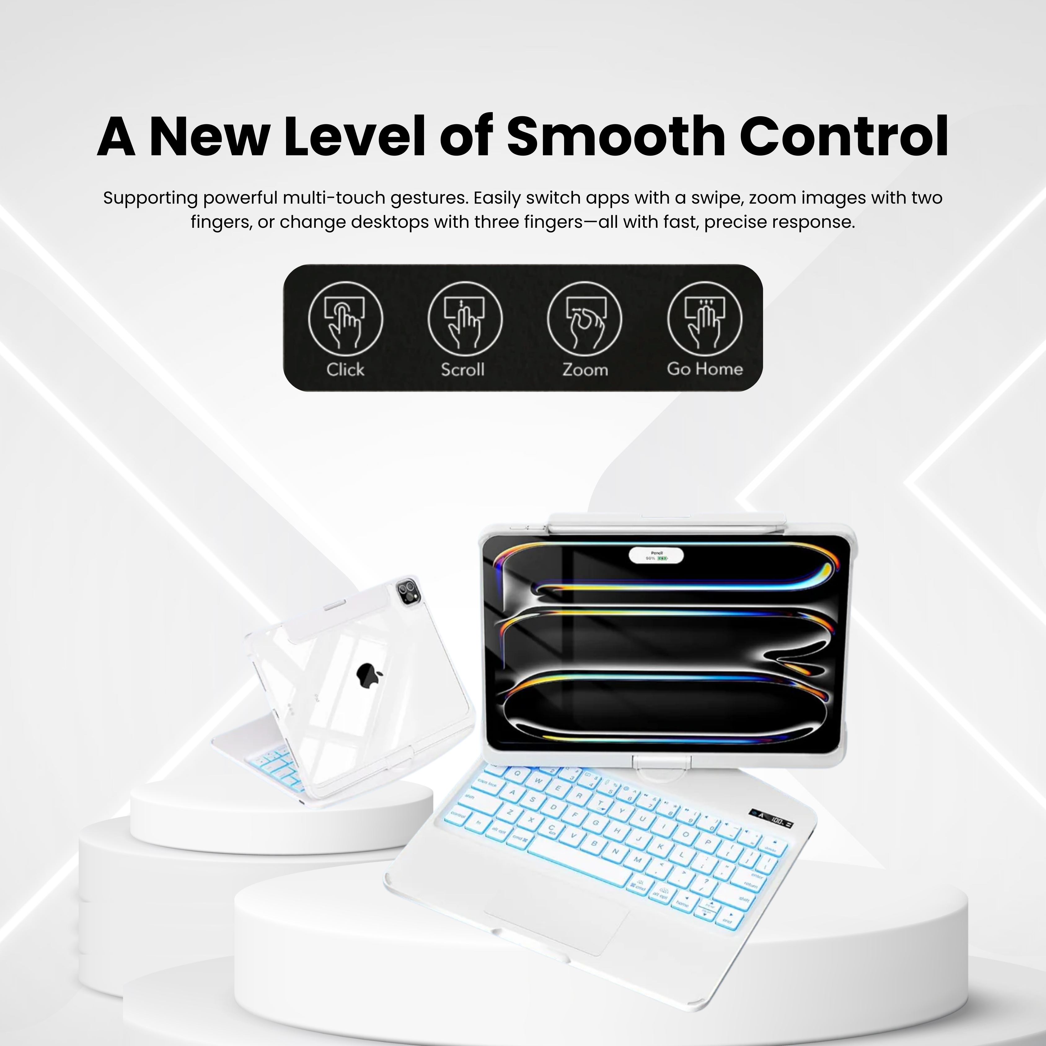 Nevcase white 360 rotating iPad keyboard case multi-touch trackpad click scroll zoom gestures with 7 color backlit keyboard
