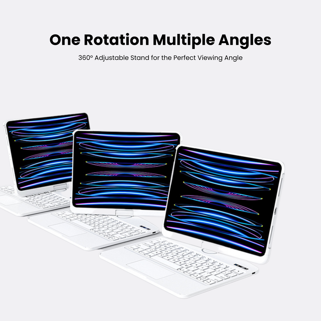 Nevcase white iPad keyboard case 360 adjustable viewing angle long battery life 7 color backlit
