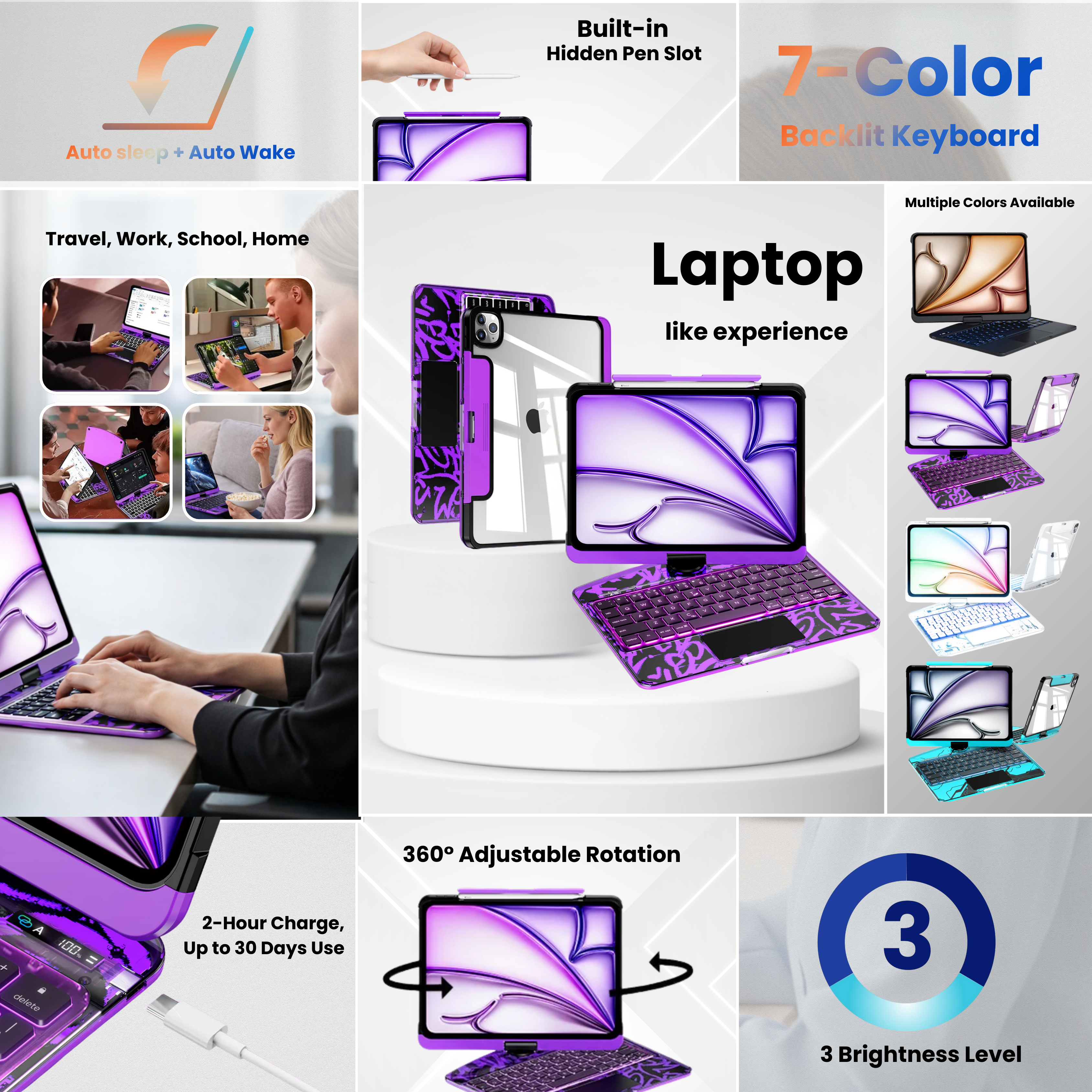 Nevcase Y2K Transparent Purple 360° Rotating iPad Keyboard Case