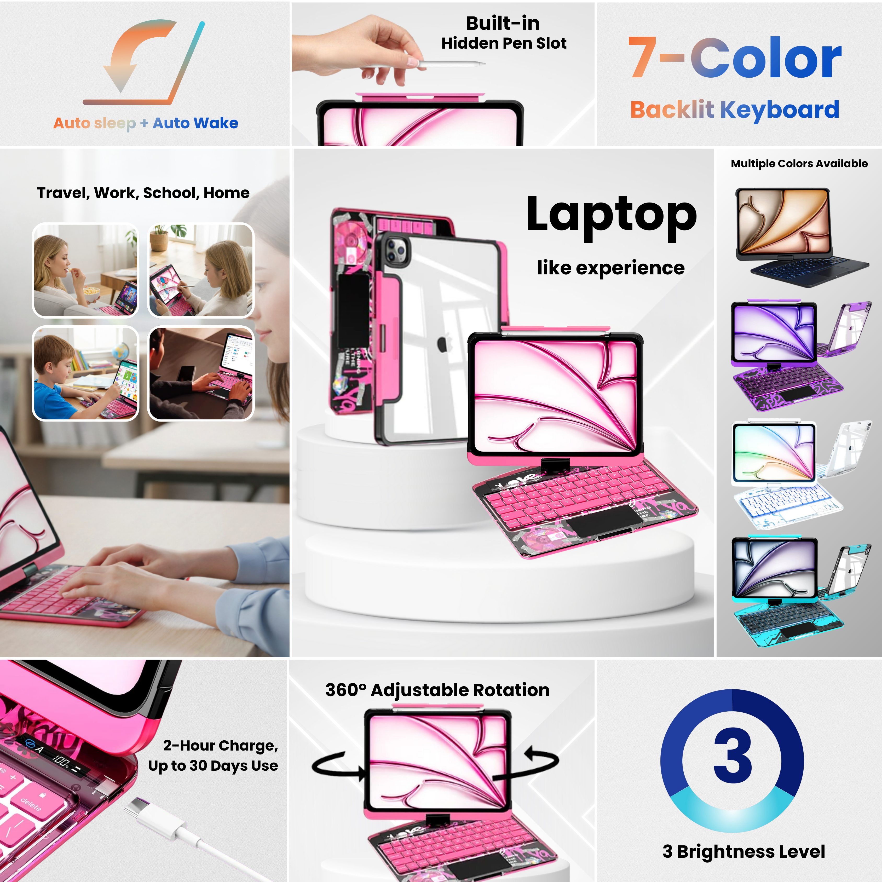 Nevcase Y2K Transparent Pink 360° Rotating iPad Keyboard Case